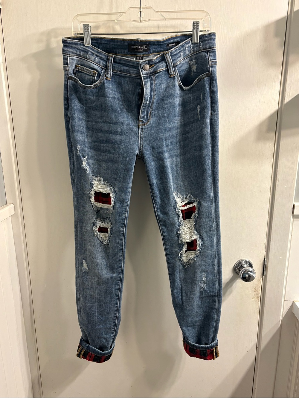 Judy Blue Medium Blue Distressed Boyfriend Jeans with Red Plaid Patches